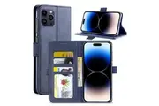 For Apple iPhone 14 Pro Case RFID Blocking Retro Flip Premium Leather Card Holder Wallet Cover (Navy Blue)