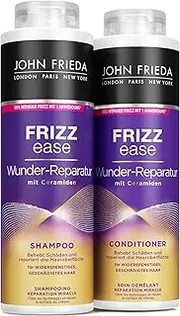 John Frieda Wunder Repair Shampoo/Conditioner Value Set - Contents: 1x Shampoo 500 ml & 1x Conditioner 500 ml - Refillable - Frizz Ease Series - For unruly and damaged hair