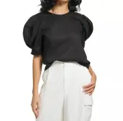 DKNY women's Puff Sleeve Voile Sheer Crew Neck Blouse Top Black L