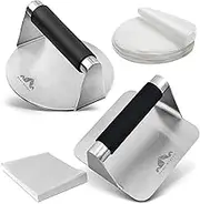 Homi Styles Smash Burger Press Pack of 2 – Round and Square Meat Masher with Silicone Handles – Non-Stick Steel Hamburger Press with 100Pcs Parchment Papers – Burger Smasher for Hamburger Patties