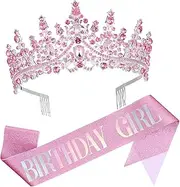 [Baluue] Girls Birthday Sash Crown Set Crystal Tiara Princess Comfortable Adjustable Sash Photo Accessory
