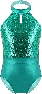 [YiZYiF] Kids Girls Sequins Metallic Sleeveless Halter Gymnastics Leotard Dance Ballet Unitard Ballerina Costume Dancewear