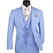 VINCI Men's Light Blue 3-Piece 2-Button Slim Suit w/ Matching Vest - NEW
