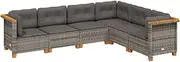 vidaXL 6-Piece Grey Poly Rattan Garden Sofa Set - Modular Outdoor Patio Seating with Cushions, Weather-Resistant and Removable Covers, Acacia Wood Base, Flexible Arrangement