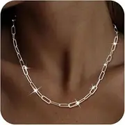 [MBW] Silver Paperclip Chain Necklace for Women,Dainty Sterling Silver Choker Necklaces for Women Trendy Simple Long Chunky Minimalist Waterproof Link Necklace Jewelry Gifts for Women 16/18/20 in