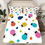 Castle Fairy Ladybug Bed Sheet Set Full Size for Kids Boys Bedroom,Watercolor Floral and Animal Bedding Set,Cute Bug Fitted Sheet Entomology Decor 3pcs 1 Bed Cover with 2 Pillowcases,White