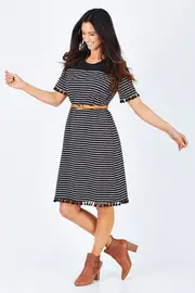 Stripe Bobble Trim Dress--THRE-35195