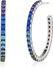 [Massete] Sterling Silver Large Rainbow Hoop Earrings Assorted Multi Colors Cubic Zirconia 1.5"