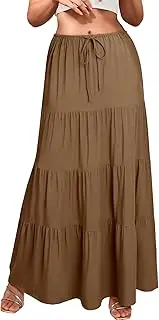 [Ezcosplay] Women Ruffle Tiered Cotton Maxi Skirt Drawstring Elastic High Waisted Pleated A Line Swing Long Skirts, Brown, Medium