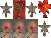 Lot 8 Christmas Tree Topper Red Metal Poinsettia, gold glitter stars lighted