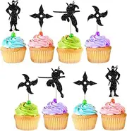 24pcs Ninja Cupcake Toppers, Ninja Warrior Cupcake Toppers for Boys, Black Glitter Ninja Cake Decorations for Karate Kung Fu Warriors Themed Party Supplies
