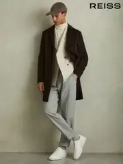 Reiss Chocolate Brown Gable Wool Blend Single Breasted Epsom Overcoat (E08152) | $670