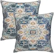 Throw Pillow Cover, Boho Style Ethnic Design Pattern Linen Carpet, Tribal Pattern Throw Pillow Case, Cushion Cover, Home Office Decorative Square 18x18 inch （2pcs (Blue)