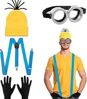 5PCS Yellow Costume Accessories, Fancy Dress Set with eanie Knit Hats Goggles Gloves Blue Straps for Adult Halloween Cosplay Party World Book Day Dress up Outfits