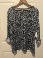 Chico's Top Animal Print Blue & White 3/4 Sleeve NWT Leopard Size 3 XL
