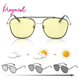 【MEGASOL】寶麗萊UV400時尚中性偏光太陽眼鏡變色墨鏡(感光智能變色灰片彩片全天候適用-BS8609)