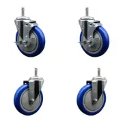 5 Inch Blue Poly Wheel Swivel 7/16 Inch Grip Ring Stem Caster Set 2 Brakes