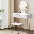 Small Makeup Vanity Desk with Round Mirror and LED Lights,White Dressing Table S