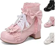 [ZJWBB] Women Chunky Heel Lace Up Strawberry Bow Boots Platform Pumps Dress Mary Jane