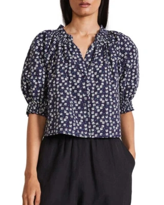 Apiece Apart Casa Organic Cotton Blouse size M Wheels Block Print Navy Top