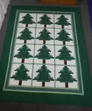 Pine Trees Log Cabin Patchwork Quilt 76" x 61" Handmade