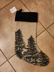 Pottery Barn Conell Alpine tree Embroidered Christmas Stocking Rustic forest