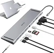YLSCI 10 in 1 Laptop Docking Station, USB C HUB with 4K HDMI, VGA, USB 3.0, USB-C, Gigabit Ethernet RJ45, SD/TF Card Reader, Audio for Mac Air/Mac Pro/Surface Pro