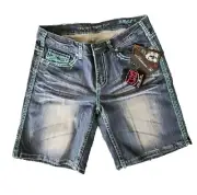 NWT COWGIRL TUFF DEMI EMERALD BERMUDA JEAN SHORT CRYSTALS DISTRESSED SIZE 33