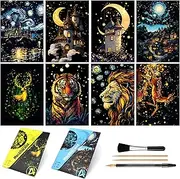 8 Sheet Glow in The Dark Scratch Art Rainbow Painting Paper | Creative Engraving Craft Scratchboard(A5) for Teens & Adults, Fun Sketch Card Toy DIY Projects | ASMR Stress-Relieving (Castles/Animal)