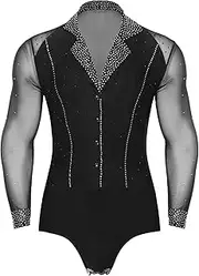 [Hedmy] Mens Dance Shiny Rhinestones Bodysuit Shirt Ballroom Salsa Samba Latin Tops Leotard Dancewear