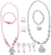 [Healvian] 2Sets Jewelry Unicorn Shell Necklace Bracelet Earring Ring Set for Parties and Daily Wear Durable and Stylish Accessories for Little