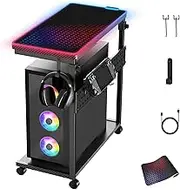 Ergonomic Computer Tower Stand, Height Adjustable 2-Tier PC Stand, Computer Cart & Machine Stand, Metal w/ Rolling Wheels Fits Most PC and Lightning Mouse Pegboard & Pad for Home Office and Gaming