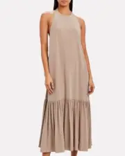 $750 TIBI "CDC" 100% silk halter neck sleeveless maxi dress beige / nude sz 10
