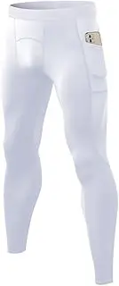[EARGFM] Men's Compression Pants Workout Gym Leggings with Pockets Running Baselayer Tights, White-3, Medium