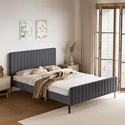 Oikiture Queen Bed Frame with Velvet Fabric and Solid Slats Mattress Platform Bed Base Grey