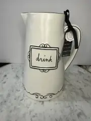 NWT Rae Dunn “DRINK” Sketch Du Jour White & Black Ceramic Juice Pitcher