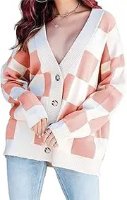 [Generic] Comfortable Checkered Knitted Jacket for Women - Soft Yellow & White Pattern with Relaxed Fit