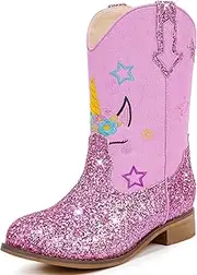 [Motasha] Unicorn Girls Cowgirl Boots Mid Calf Square Toe Glitter Toddler Western Cowboy Boot Little Kid Big Kid Riding Shoes Princess Dress Up Party Birthday Dance