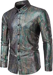 [Bciopll] Men's Shiny Color Sequin Shirt Slim Fit Party Wedding Glitter Men Shirt Stage Singer Costume