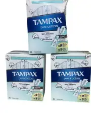 Tampax Tampons Pure Cotton 100% Organic Core 11 Super 11 Reg x3 Boxes **BOX DENT