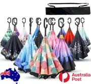 Windproof Upside Down Umbrella Reverse Double Layer FREE BAG Inside-Out C-Handle
