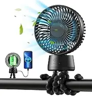 10000mAh Rechargeable Mini Portable Stroller Fan with LED Light Removable Tripod Small Clip On Fan Battery Operated Oscillating Desk Fan as Power Bank 3 Speed for Stroller Bed Travel Camping Golf Cart