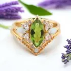 14k Solid Gold 10x5MM Marquise Cut Natural Peridot Opal Women Wedding Ring Set