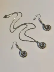 Silver Sea Shell Pendant Necklace and Earrings Matching Jewelry Set Ocean Conch