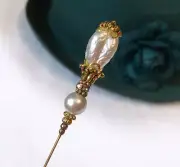 HATPIN with Stunning Baroque FAUX PEARL on Brass Finish Setting - 8 inch
