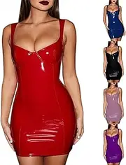 [Generic] Ladies Dresses Faux Leather Bodycon Sexy Club Dresses for Women - Metallic Patent Leather Wet Look Strapless Sexy PVC Mini Dress - Womens Party Club Outfits Clubwear Mini Pencil Dress