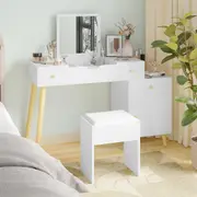 Advwin Dressing Table Stool Set 2 in 1 Flip Top Makeup Desk Mirror for Small Spaces White