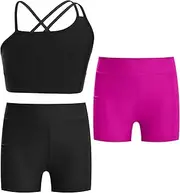 [inhzoy] Girls 3-Piece Sports Set Cutout Back Crop Top with Stretchy Shorts Activewear Gym Yoga Dance Outfit