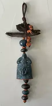 Large sun-and-moon garden wind chime, hand crafted ceramic and leather 22"