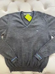 New ETRO Milano Pullover Lana Wool Knit Logo V neck Gray Sweater Size XXL